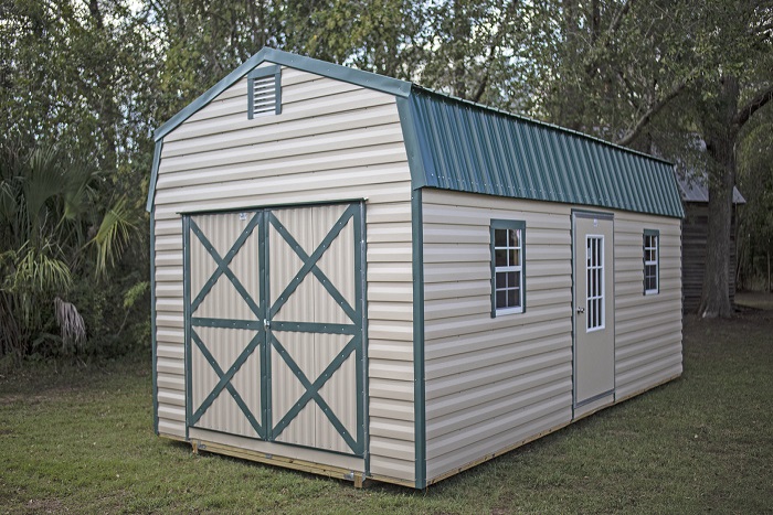 Green and Tan Shed with Large Front Entry